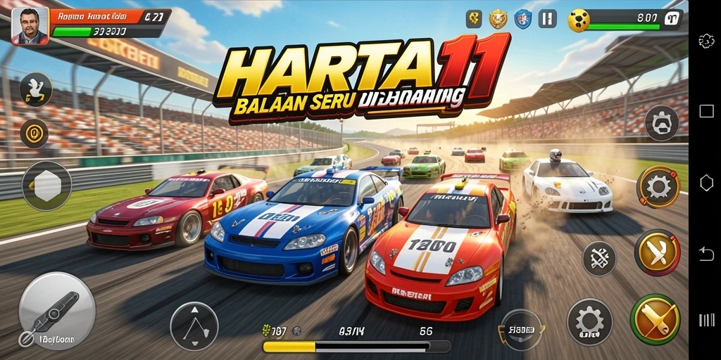 Tampilan gameplay balapan seru di HARTA11 dengan mobil yang melaju cepat.