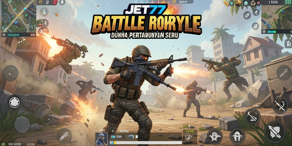Tangkapan layar gameplay JET77 yang menunjukkan aksi pertempuran Battle Royale.