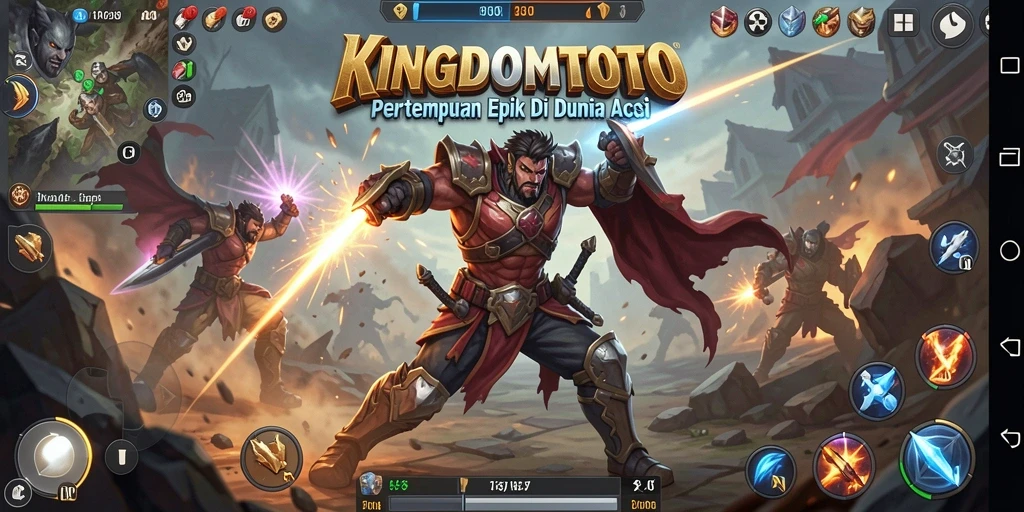 Screenshot KINGDOMTOTO menampilkan aksi pertempuran seru dan karakter yang dinamis.