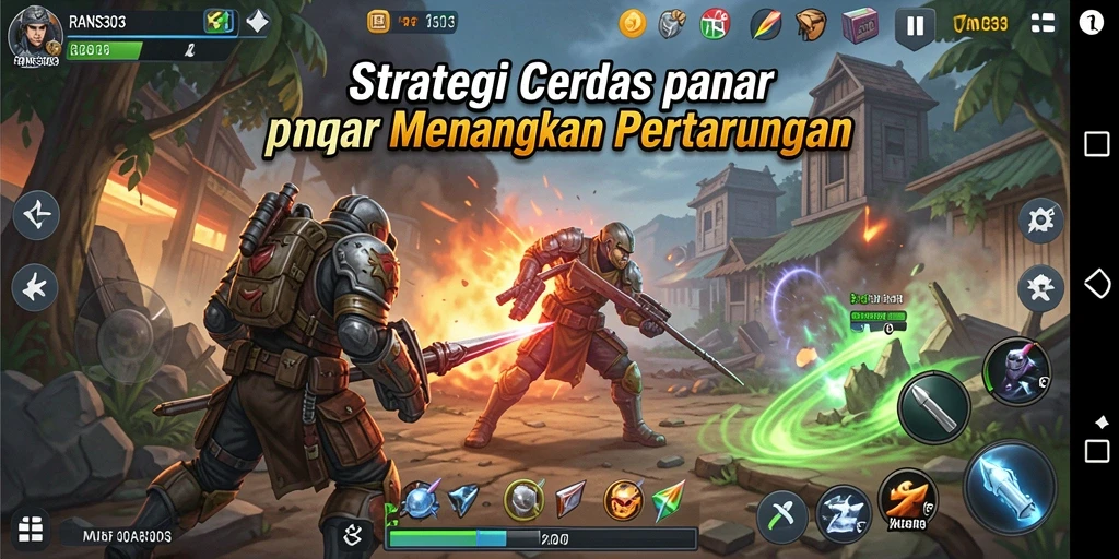 Screenshot RANS303 menampilkan aksi strategi pertarungan yang intens.